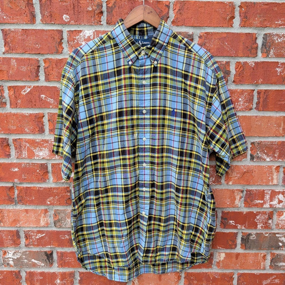 Ralph Lauren Blake Shirt Mens Large Blue Yellow Plaid Short Sleeve Button Down